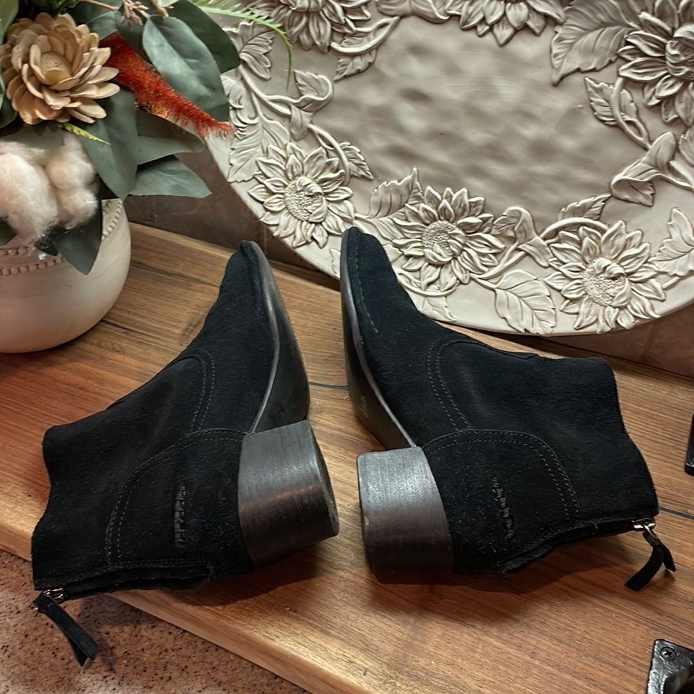UGG Bandara Black Suede Stacked Heel Zip Ankle Mini Boots Booties Size EU 37.5 - Picture 6 of 10